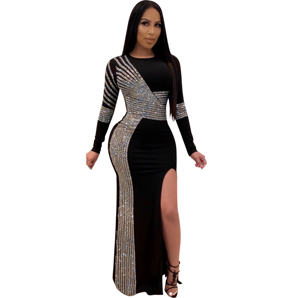 2021 High quality African Maxi Dresses For Women African Long Dress Sequins O-Neck Long Sleeves Evening Party Dress