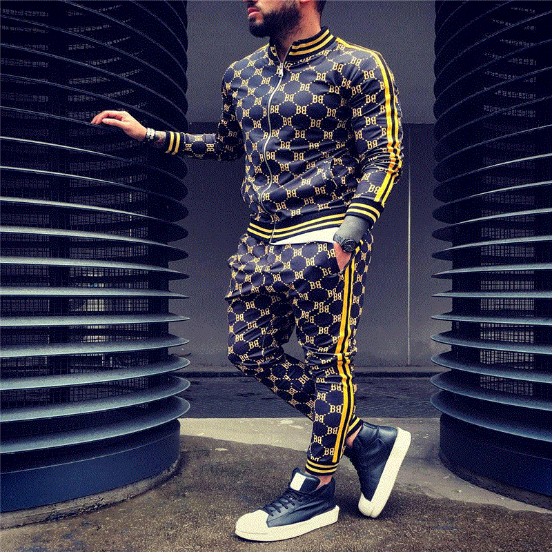 2021 High quality Colorful Plaid Men Casual Zipper Stand-up collarr Sportswear Suit Male Pocket Fashion Tracksuit
