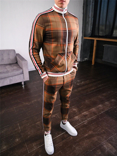 2021 High quality Colorful Plaid Men Casual Zipper Stand-up collarr Sportswear Suit Male Pocket Fashion Tracksuit
