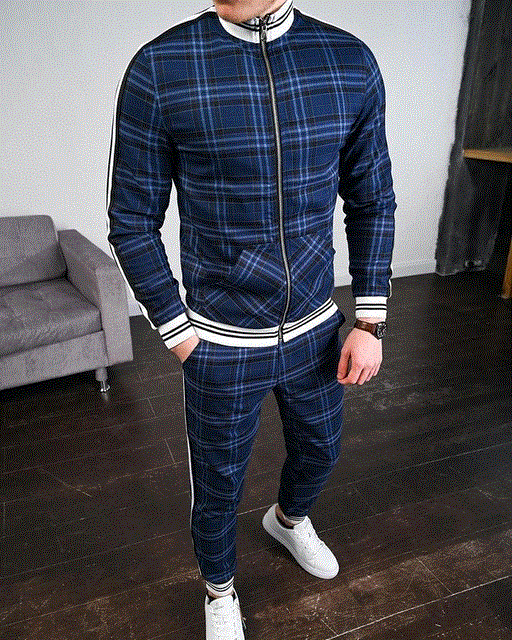 2021 High quality Colorful Plaid Men Casual Zipper Stand-up collarr Sportswear Suit Male Pocket Fashion Tracksuit
