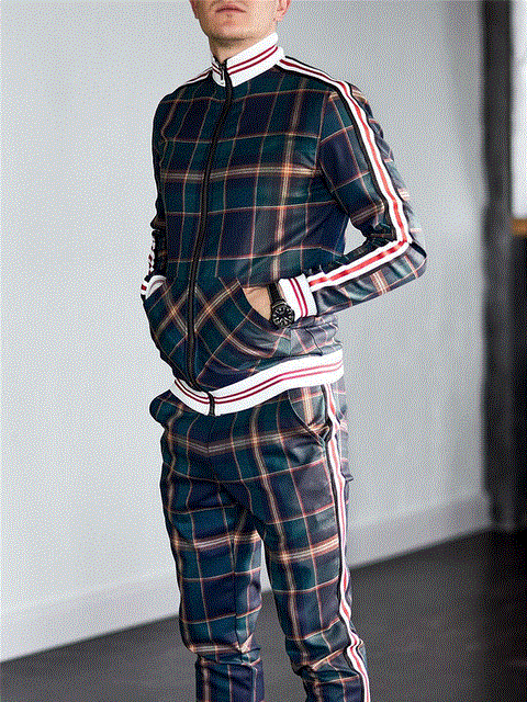 2021 High quality Colorful Plaid Men Casual Zipper Stand-up collarr Sportswear Suit Male Pocket Fashion Tracksuit