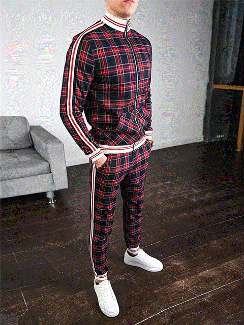 2021 High quality Colorful Plaid Men Casual Zipper Stand-up collarr Sportswear Suit Male Pocket Fashion Tracksuit