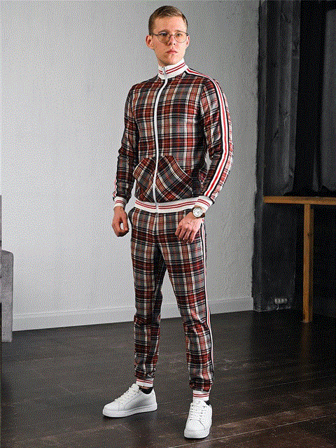 2021 High quality Colorful Plaid Men Casual Zipper Stand-up collarr Sportswear Suit Male Pocket Fashion Tracksuit