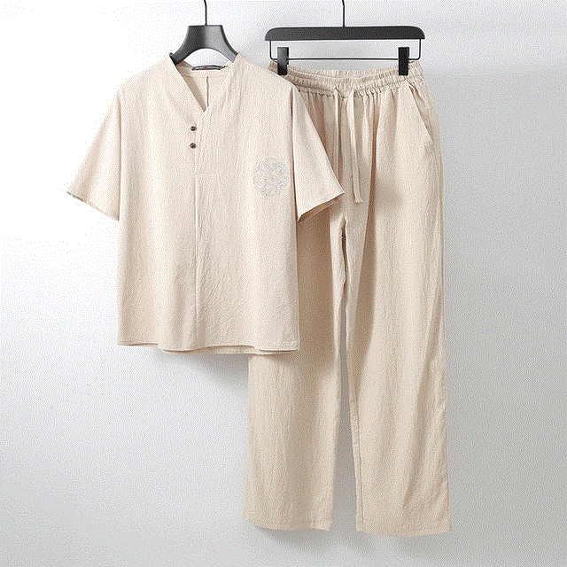 2021 High quality Plus Size Men Clothing Large Size Tracksuit Summer Suit Linen t-shirt Fashion Male Two Piece Set