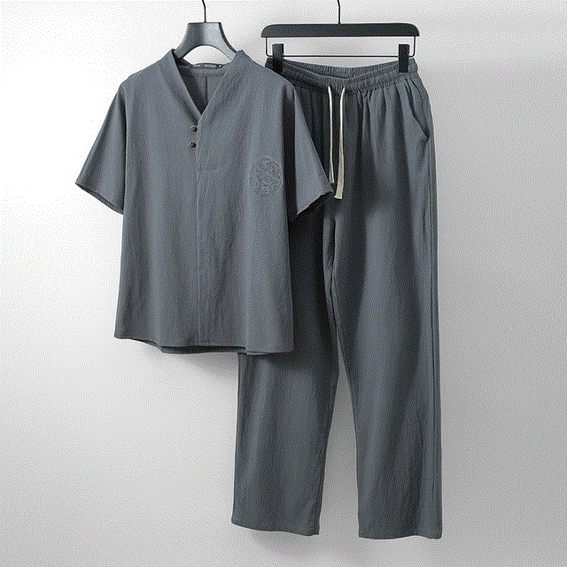 2021 High quality Plus Size Men Clothing Large Size Tracksuit Summer Suit Linen t-shirt Fashion Male Two Piece Set