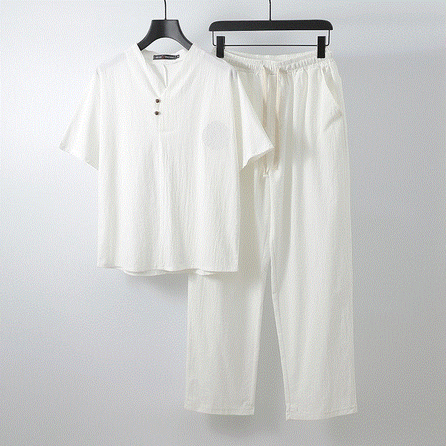 2021 High quality Plus Size Men Clothing Large Size Tracksuit Summer Suit Linen t-shirt Fashion Male Two Piece Set