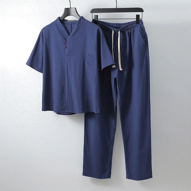 2021 High quality Plus Size Men Clothing Large Size Tracksuit Summer Suit Linen t-shirt Fashion Male Two Piece Set