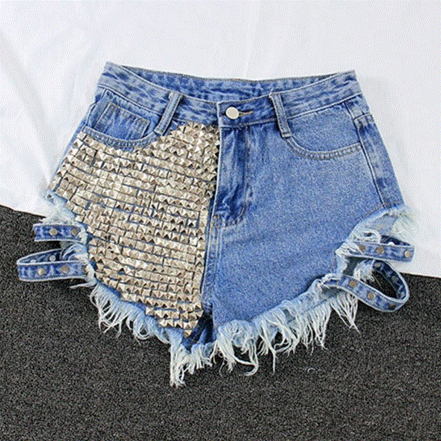 2021 High quality Women Fashion Vintage Tassel Rivet Ripped High Waisted Short Jeans Punk Sexy Hot Woman Denim Shorts