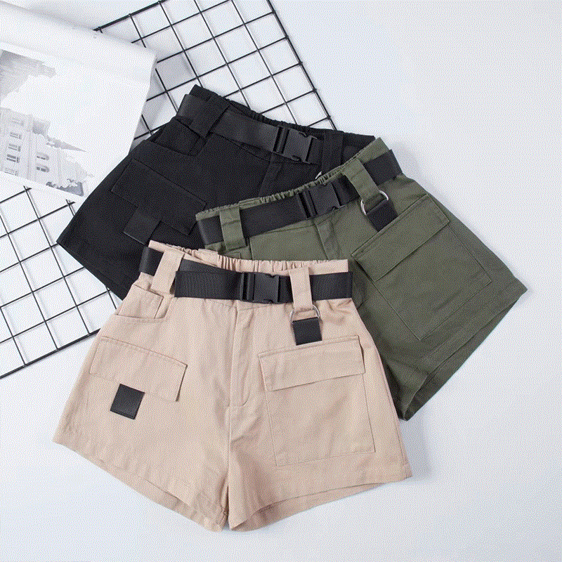 2021 High quality Hot High Waist Wide Leg Cargo Women Shorts Vintage Sashes Pocket Women Shorts Summer Casual Shorts