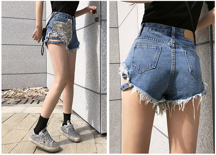 2021 High quality Women Fashion Vintage Tassel Rivet Ripped High Waisted Short Jeans Punk Sexy Hot Woman Denim Shorts