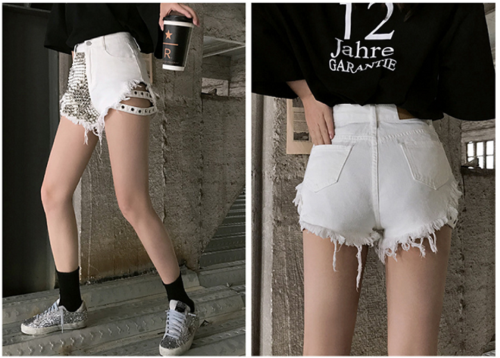 2021 High quality Women Fashion Vintage Tassel Rivet Ripped High Waisted Short Jeans Punk Sexy Hot Woman Denim Shorts