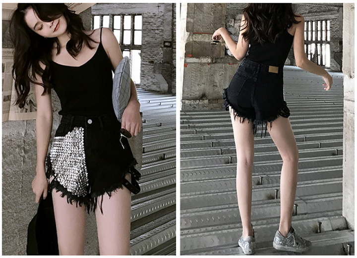 2021 High quality Women Fashion Vintage Tassel Rivet Ripped High Waisted Short Jeans Punk Sexy Hot Woman Denim Shorts