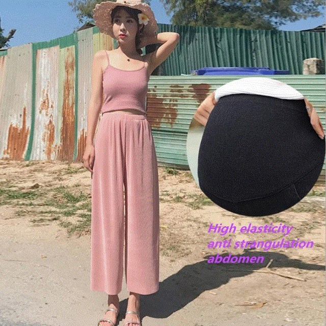 2021 High quality Pregnant women summer nine point ice silk wide leg Trousers Chiffon loose thin summer wear pants