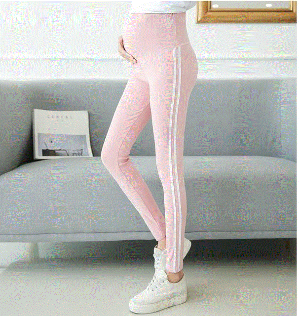 2021 High quality Pregnant women side striped cotton skinny Elastic leggings maternity high waist trousers pants