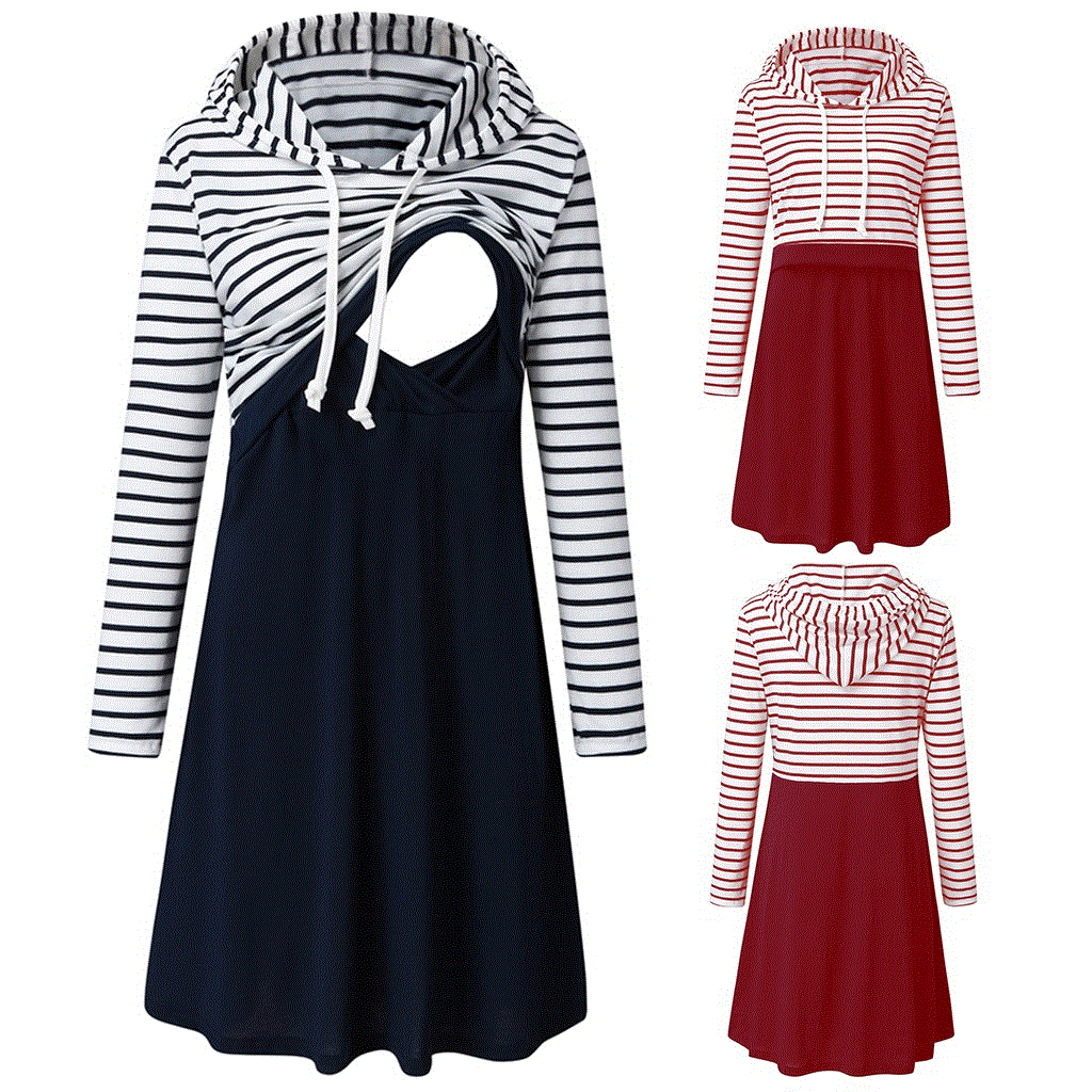 2021 High quality Pregnancy dress Women Maternity Long Sleeve Striped Nursing Dress For Breastfeeding Hooded Dress