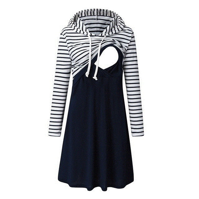 2021 High quality Pregnancy dress Women Maternity Long Sleeve Striped Nursing Dress For Breastfeeding Hooded Dress