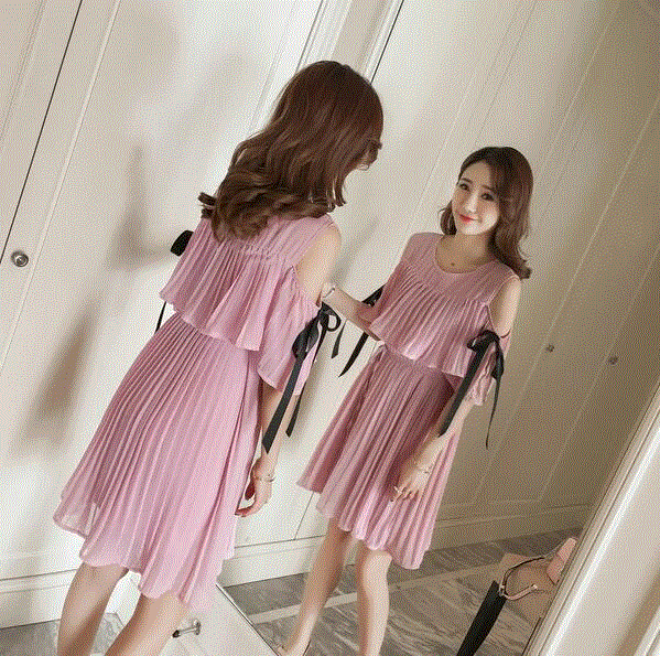 2021 High quality New spring summer maternity Dress chiffon strapped Off-shoulder Short Sleeve lace-up dress Women