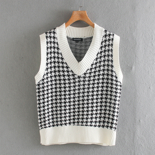 2021 High quality Women fashion oversize knitted vest sweater V neck sleeveless houndstooth loose female waistcoat top