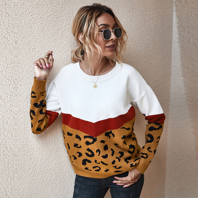 2021 High quality Leopard Patchwork Autumn Winter Ladies Knitted Sweater Women O-neck Full Sleeve Jumper Pullovers Top