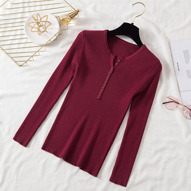 2021 High quality Autumn Winter Button V Neck Sweater Women Basic Slim Pullover Women Sweaters Knit Jumper Ladies Tops