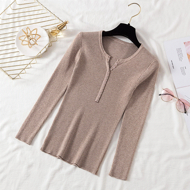 2021 High quality Autumn Winter Button V Neck Sweater Women Basic Slim Pullover Women Sweaters Knit Jumper Ladies Tops