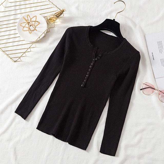 2021 High quality Autumn Winter Button V Neck Sweater Women Basic Slim Pullover Women Sweaters Knit Jumper Ladies Tops