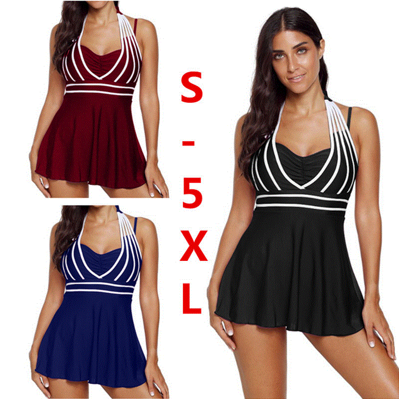 2021 High quality Plus Size Swimwear Women Swimsuit Halter Stripe Swimdress Two Pieces Tankini Bathing Suit S-5XL