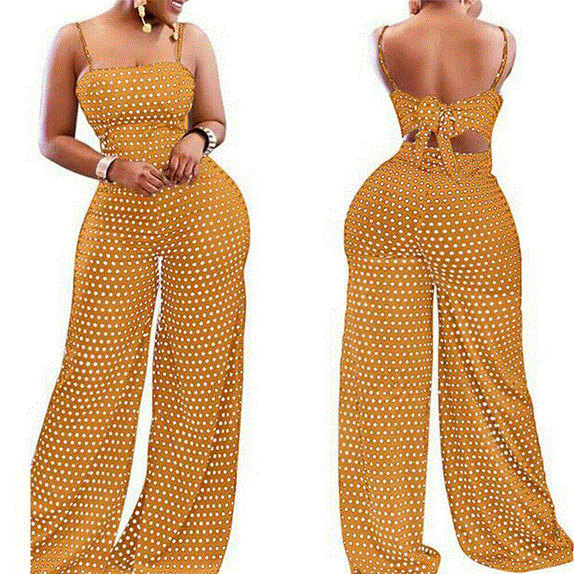2021 High quality Women Strap Sleeveless Jumpsuit Dot Wide Leg Romper Ladies Casual Slim Playsuit Holiday Party Summer