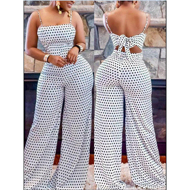 2021 High quality Women Strap Sleeveless Jumpsuit Dot Wide Leg Romper Ladies Casual Slim Playsuit Holiday Party Summer