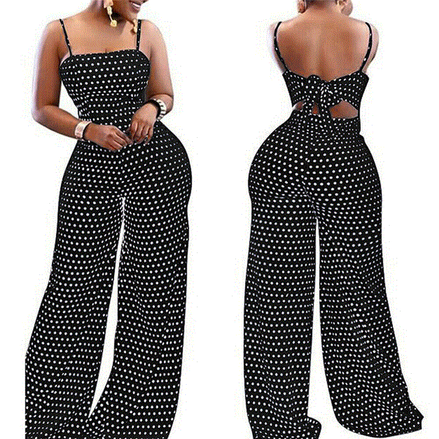 2021 High quality Women Strap Sleeveless Jumpsuit Dot Wide Leg Romper Ladies Casual Slim Playsuit Holiday Party Summer