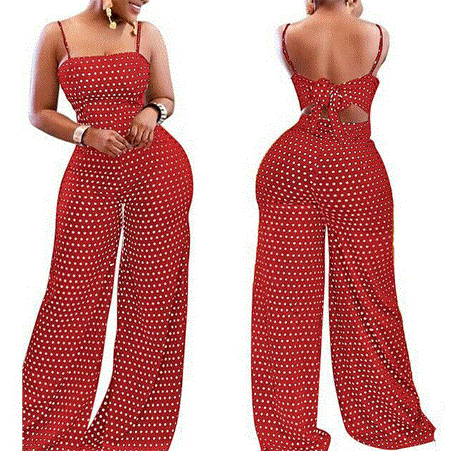 2021 High quality Women Strap Sleeveless Jumpsuit Dot Wide Leg Romper Ladies Casual Slim Playsuit Holiday Party Summer