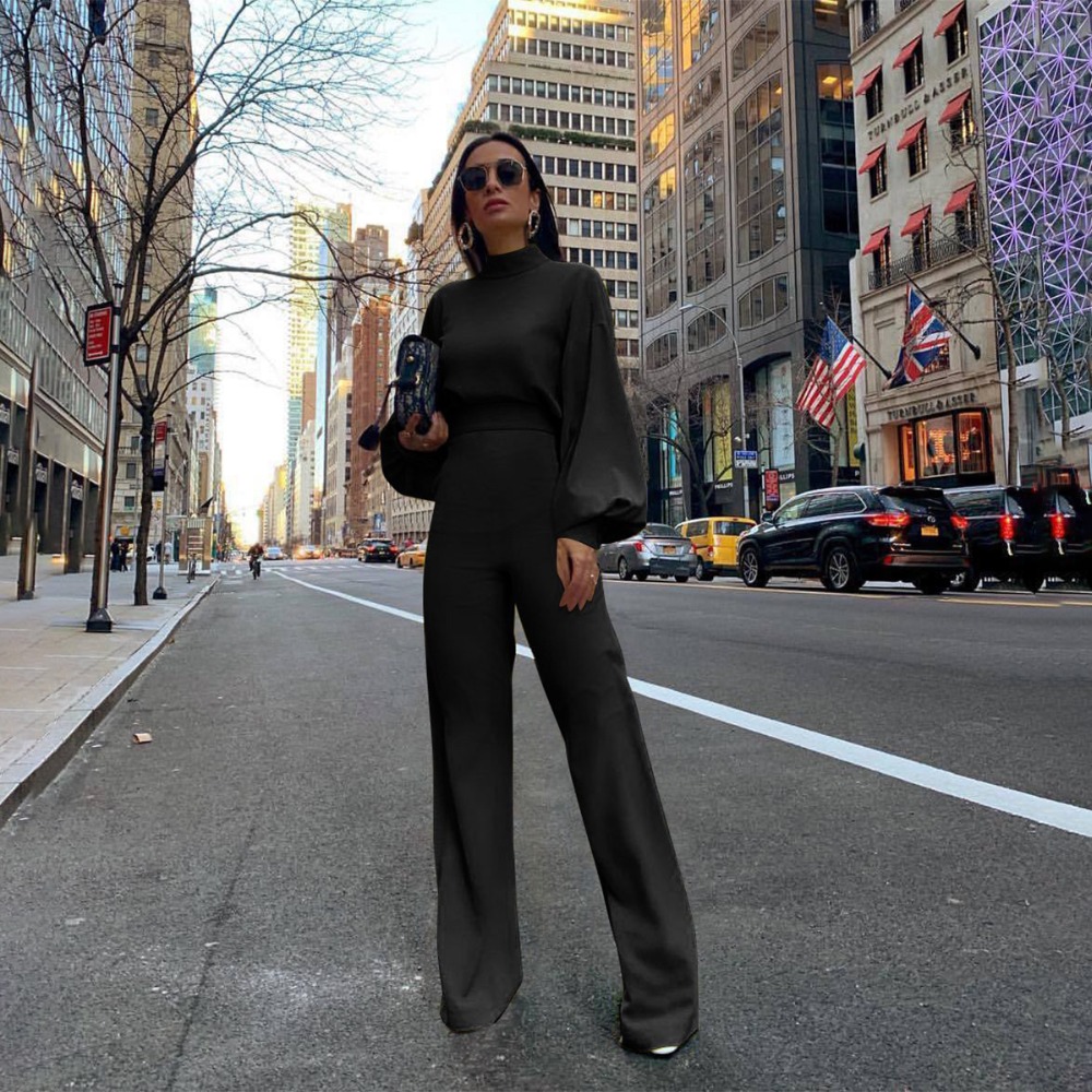 2021 High quality Winter Fall Elegant Romper Women Long Sleeve Casual Wide Leg Jumpsuits Solid Backless Female Trouser