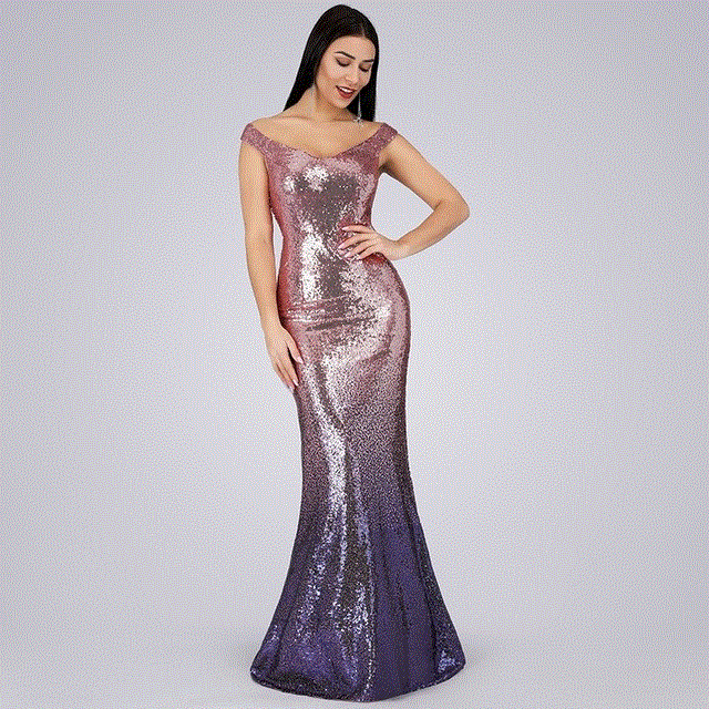 2021 High quality Evening Dress Long Sparkle New V-Neck Women Elegant Sequin Mermaid Maxi Evening Party Gown Dress