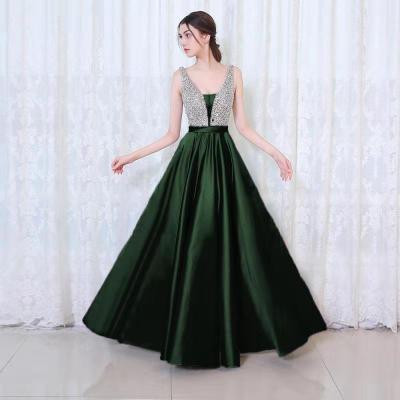 2021 High quality Hot Sale Women V-Neck Beads Bodice Open Back A Line Long Evening Dress Party Elegant Prom Lady Gowns
