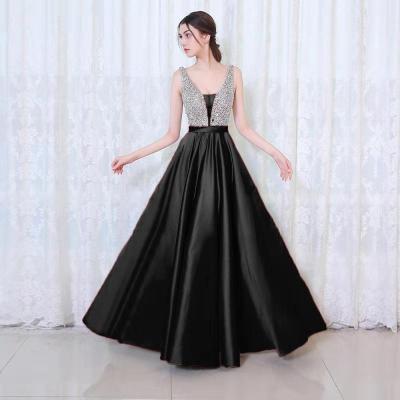 2021 High quality Hot Sale Women V-Neck Beads Bodice Open Back A Line Long Evening Dress Party Elegant Prom Lady Gowns
