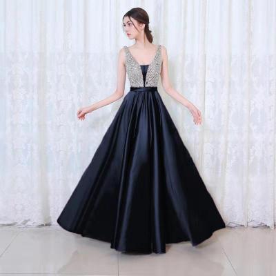 2021 High quality Hot Sale Women V-Neck Beads Bodice Open Back A Line Long Evening Dress Party Elegant Prom Lady Gowns
