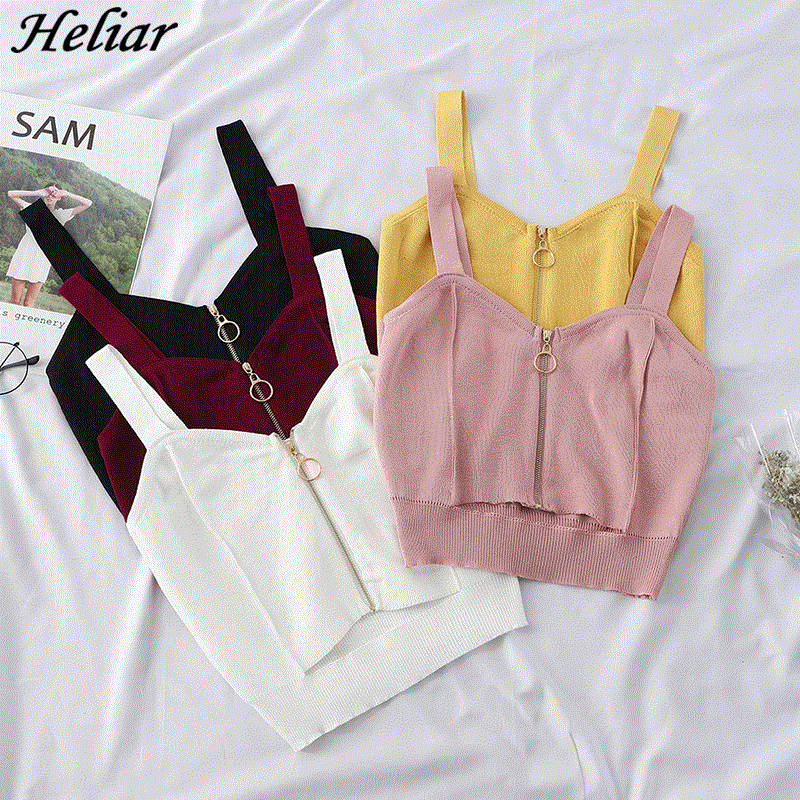 Women Crop Top Zipper Fly Stretchy Camis Knitted Tops Sexy Tank With Hole Sleeveless Solid For Women