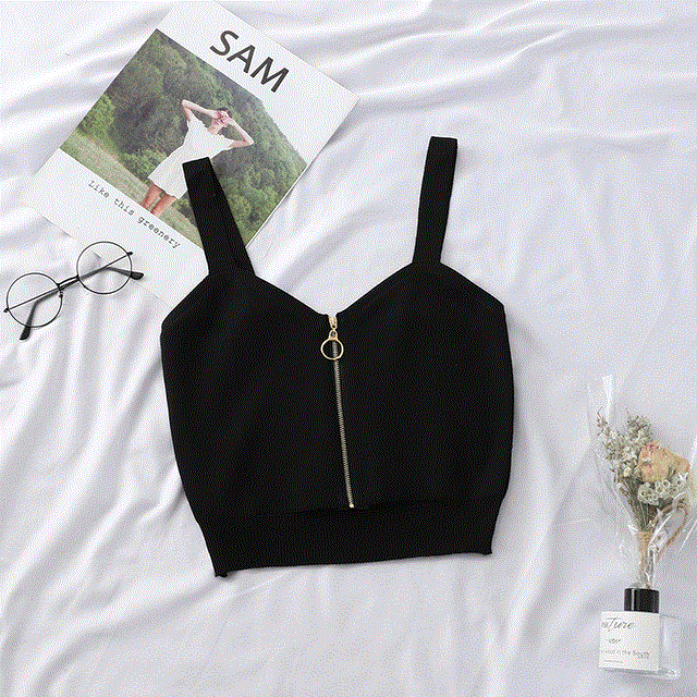 Women Crop Top Zipper Fly Stretchy Camis Knitted Tops Sexy Tank With Hole Sleeveless Solid For Women