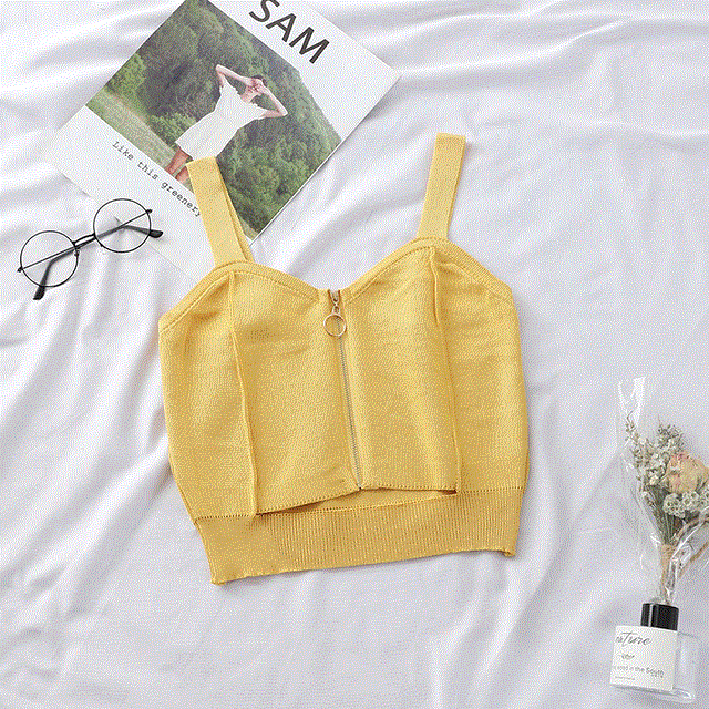 Women Crop Top Zipper Fly Stretchy Camis Knitted Tops Sexy Tank With Hole Sleeveless Solid For Women