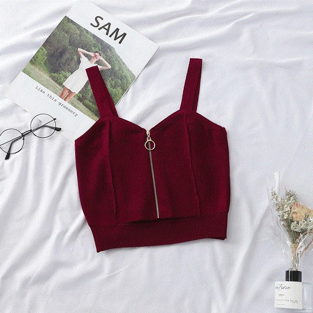 Women Crop Top Zipper Fly Stretchy Camis Knitted Tops Sexy Tank With Hole Sleeveless Solid For Women