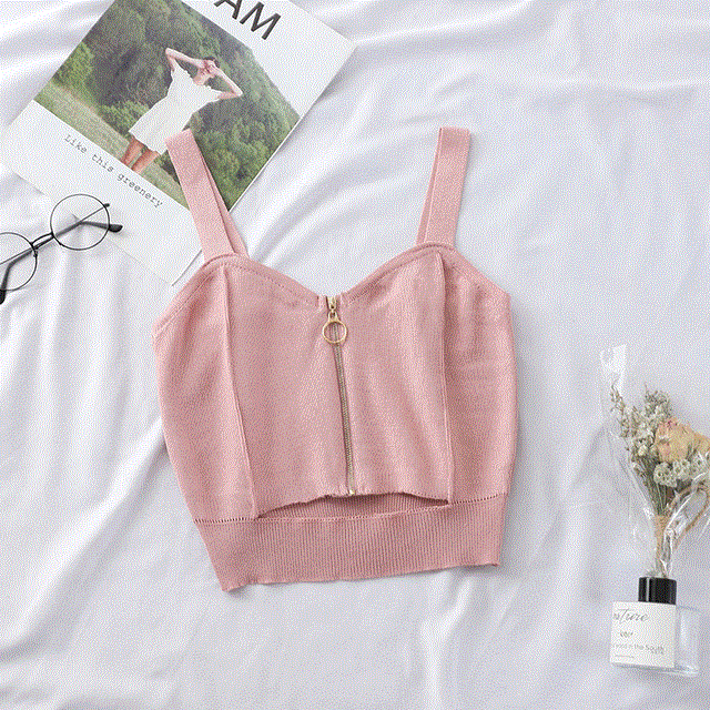 Women Crop Top Zipper Fly Stretchy Camis Knitted Tops Sexy Tank With Hole Sleeveless Solid For Women
