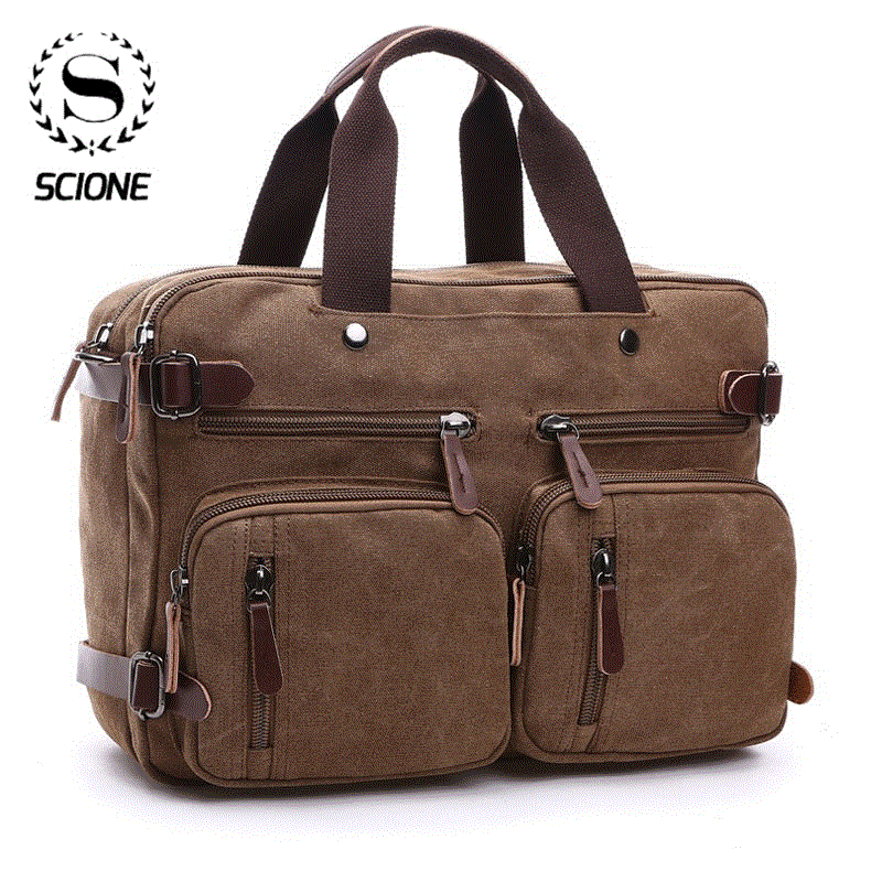 2021 High quality Men Canvas Bag Leather Briefcase Travel Suitcase Messenger Shoulder Tote Back Handbag Large Casual