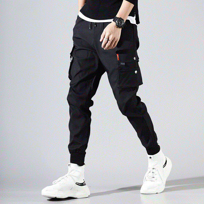 2021 High quality Men Cargo Pant Male Solid Color Black Loose Casual Jogger Pocket Elastic Waist Ankle Length Trousers