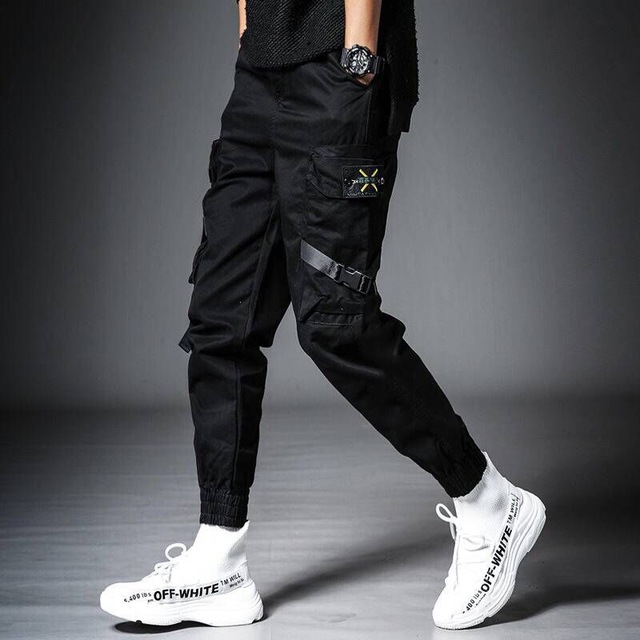 2021 High quality Men Cargo Pant Male Solid Color Black Loose Casual Jogger Pocket Elastic Waist Ankle Length Trousers