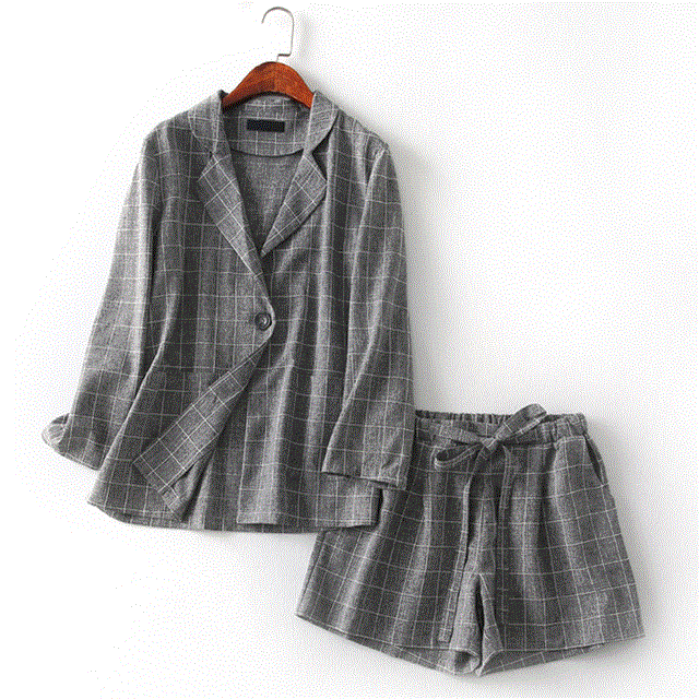 2021 High quality Spring Summer Women two piece set Office plaid Top shorts Female Suit Set Casual Women plus size
