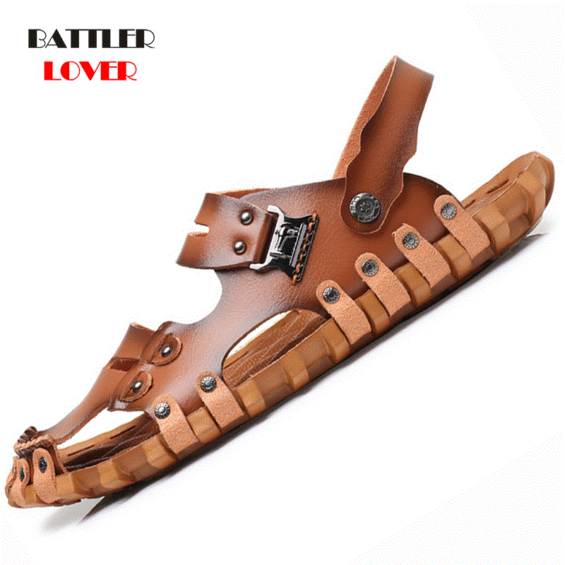 2021 High quality Leather Sandals Men Shoes Cow Leather Male Sandals Summer Men Blue White Stitching Sandal Male Homme