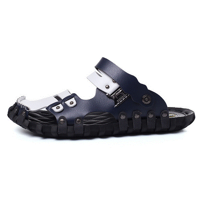 2021 High quality Leather Sandals Men Shoes Cow Leather Male Sandals Summer Men Blue White Stitching Sandal Male Homme