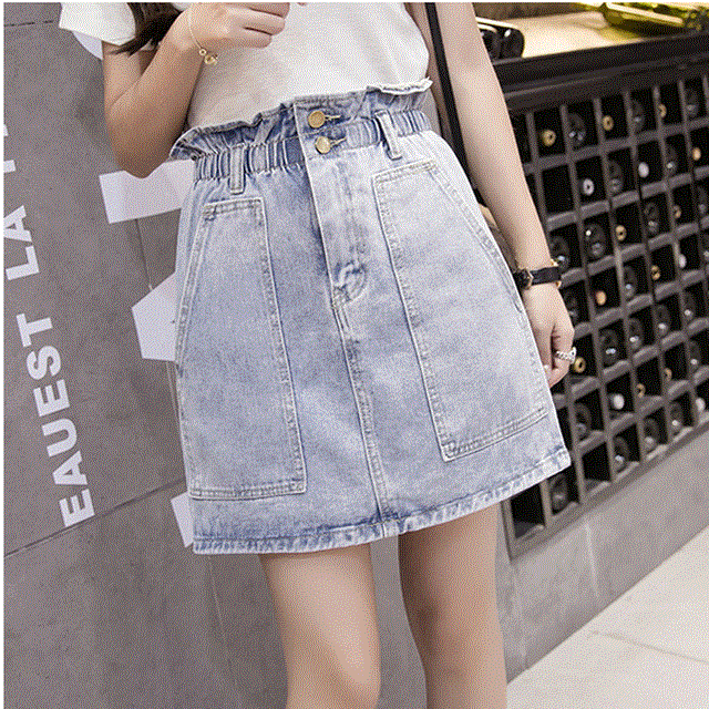 2021 High quality Elastic Waist Summer Women Denim Skirt Pockets Sexy Lady High waist jeans Skirt A-line Casual Female