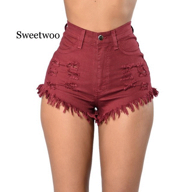2021 High quality Shorts Denim Fashion Hoge Taille Ripped Jeans Strand Hot Shorts Jeans Hoge Kwaliteit Rood