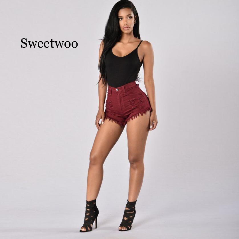 2021 High quality Shorts Denim Fashion Hoge Taille Ripped Jeans Strand Hot Shorts Jeans Hoge Kwaliteit Rood